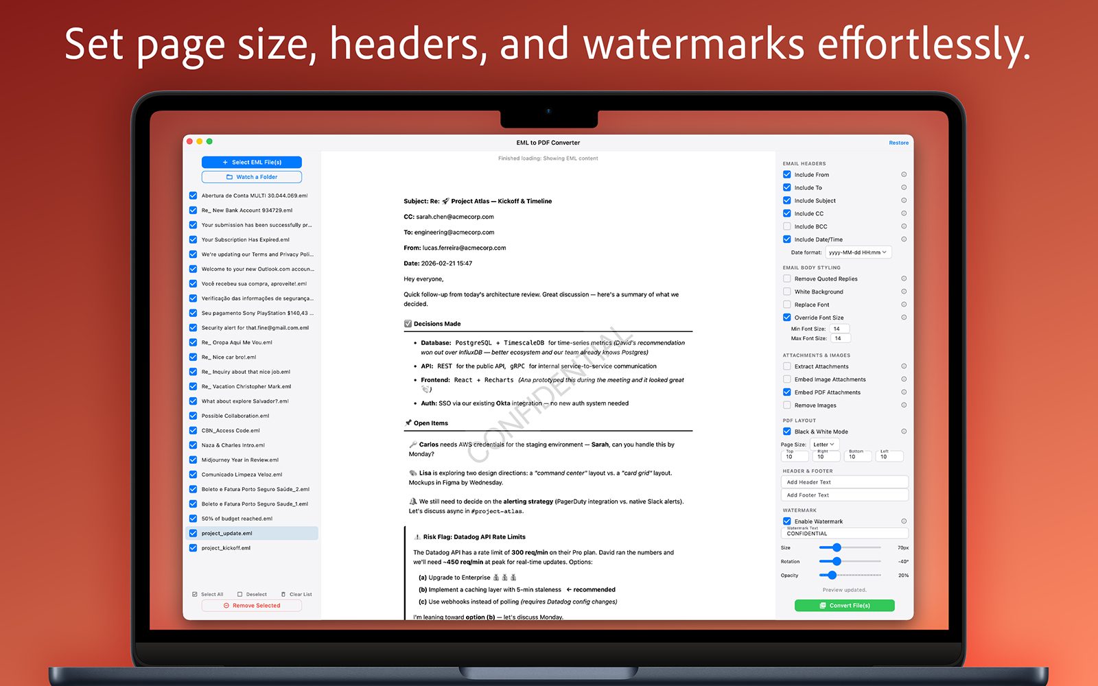 Header, watermark, and page size controls for PDF export